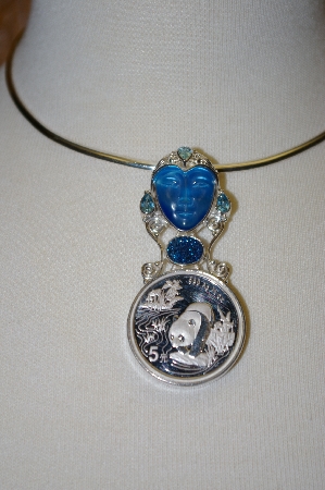 +MBA #21-506B  Sterling Fiber Optic Blue face Panda Coin & Multi Gemstone Pin/Pendant