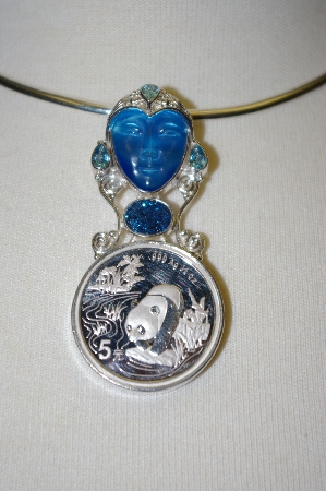 +MBA #21-506B  Sterling Fiber Optic Blue face Panda Coin & Multi Gemstone Pin/Pendant