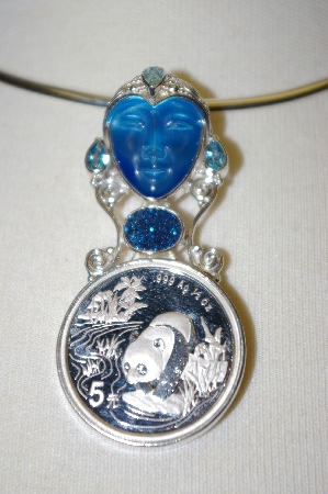 +MBA #21-506B  Sterling Fiber Optic Blue face Panda Coin & Multi Gemstone Pin/Pendant