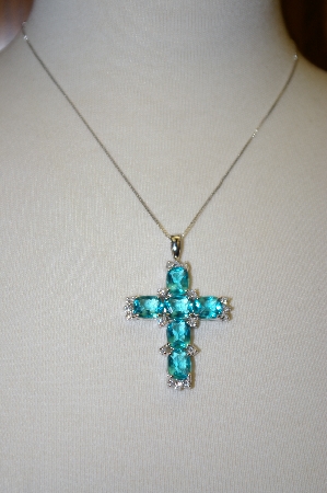 +MBA #21-204  Artist Stamped Sterling Sky Blue & Clear Zircon Cross Pendant With Chain