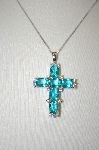 +MBA #21-204  Artist Stamped Sterling Sky Blue & Clear Zircon Cross Pendant With Chain