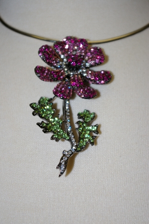 +MBA #21-540  Large Pink, Clear & Green Crystal Flower Pendant