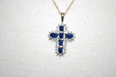 +MBA #21-347  14K YG  6 Stone Blue Sapphire Cross With 18" Chain