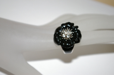 +MBA #21-357  Angelique De Paris Black Resin Flower Ring With Clear Topaz Center