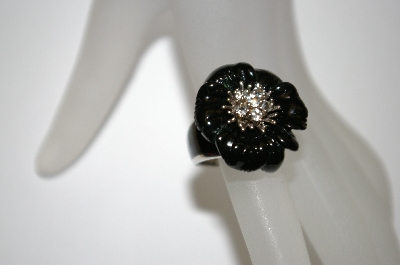+MBA #21-357  Angelique De Paris Black Resin Flower Ring With Clear Topaz Center