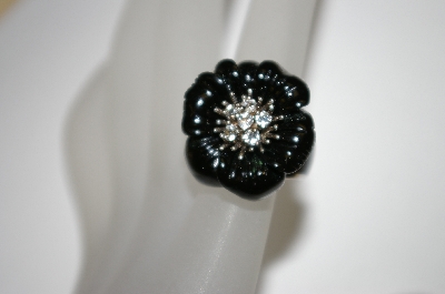 +MBA #21-357  Angelique De Paris Black Resin Flower Ring With Clear Topaz Center