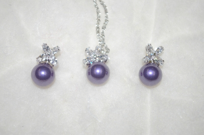 + MBA #21-417  Charles Winston Simulated Purple Pearl & Clear CZ Pendant & Earrings Set