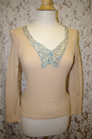 +MBA #16-013  "Body Centeral Tan Hand Beaded Butterfly Long Sleve Top