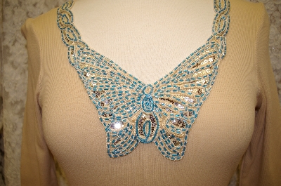 +MBA #16-013  "Body Centeral Tan Hand Beaded Butterfly Long Sleve Top