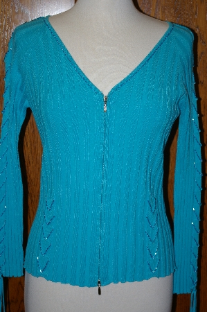 +MBA #23-479  "Designer Fontana Zip Front Hand Beaded Turquoise Sweater