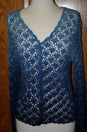 +MBA #23-484   "From The Susan Collection Multi Shaded Blue Hand Crocheted Chenille Cardigan