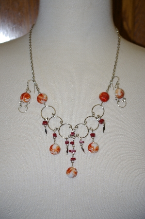 +MBA #24-037  Peruvian Red & White Murano Glass Necklace & Matching Earrings