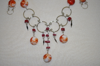+MBA #24-037  Peruvian Red & White Murano Glass Necklace & Matching Earrings