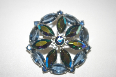 +MBA #24-305   Three Shades Of Blue & Ab Crystal Brooch & Matching Clip On Earrings