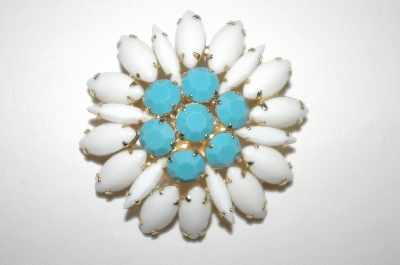 +MBA #24-229  Napier White & Turquoise Glass Flower Brooch