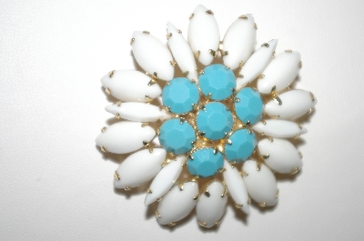+MBA #24-229  Napier White & Turquoise Glass Flower Brooch