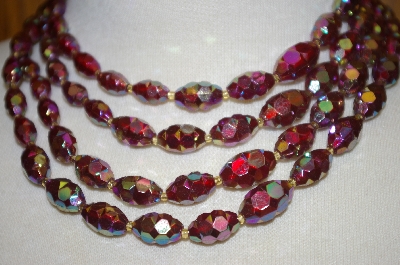 +MBA #24-155  "Made In Austria 3 Row Red Ab Acrylic Bead Necklace With Matching Clip On Earrings