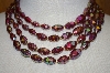 +MBA #24-155  "Made In Austria 3 Row Red Ab Acrylic Bead Necklace With Matching Clip On Earrings