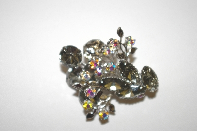**Smokey Glass Stones & AB Crystal Flower Pin