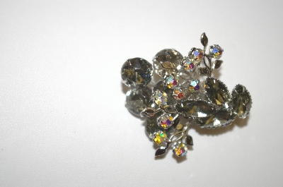 **Smokey Glass Stones & AB Crystal Flower Pin