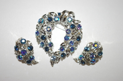 +MBA #24-436  "Lisner Blue AB Crystal Pin & Matching Clip On Earring Set