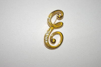 +MBA #24-416  Vintage Gold Plated Fancy "E" Pin With Crytsals