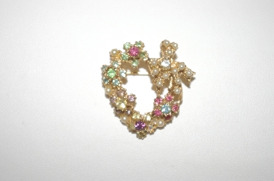 +MBA #24-412   Vintage Gold Plated Faux Pearl & Crystal Heart Shaped Pin