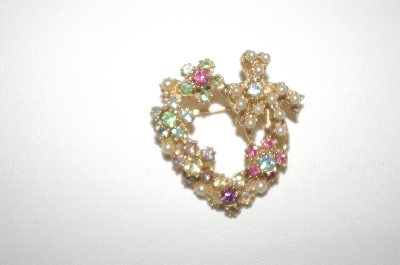 +MBA #24-412   Vintage Gold Plated Faux Pearl & Crystal Heart Shaped Pin