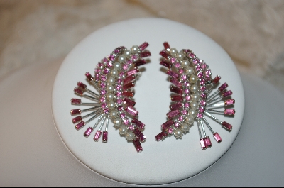 +MBA  Antique Pink Crystal & Glass Pearl Fan Style Earrings