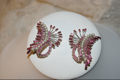 +MBA  Antique Pink Crystal & Glass Pearl Fan Style Earrings
