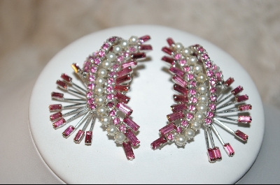+MBA  Antique Pink Crystal & Glass Pearl Fan Style Earrings