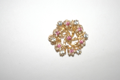+MBA #24-407   Vintage Gold Plated Faux Pearl & Pink Crystal Pin