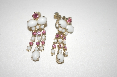+MBA #24-430  "Silver Tone White Glass & Pink Crystal Screw Back Earrings