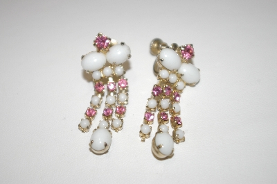 +MBA #24-430  "Silver Tone White Glass & Pink Crystal Screw Back Earrings