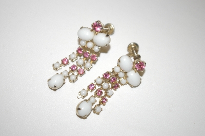 +MBA #24-430  "Silver Tone White Glass & Pink Crystal Screw Back Earrings