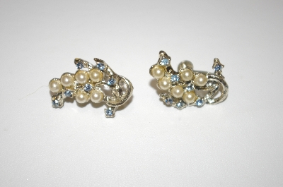 +MBA #24-461  Faux Pearl & Blue Crystal Screw Back Earrings