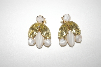+MBA #24-479  "Gold Plated White Marbled Glass & Yellow Rhinestone Clip On Earrings
