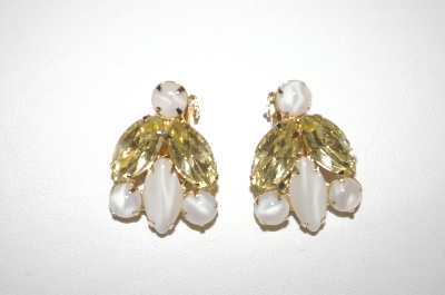 +MBA #24-479  "Gold Plated White Marbled Glass & Yellow Rhinestone Clip On Earrings