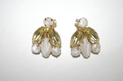 +MBA #24-479  "Gold Plated White Marbled Glass & Yellow Rhinestone Clip On Earrings