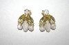 +MBA #24-479  "Gold Plated White Marbled Glass & Yellow Rhinestone Clip On Earrings