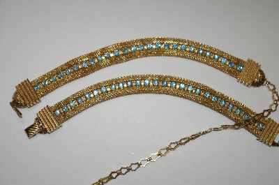 +MBA #24-390  Sarah Coventry Gold Plated Mesh Blue Crystal Chocker & Matching Bracelet