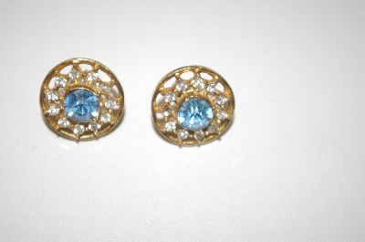 +MBA #24-464  Gold Plated Blue & Clear Crystal Screw Back Earrings