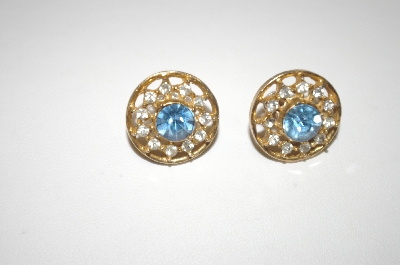 +MBA #24-464  Gold Plated Blue & Clear Crystal Screw Back Earrings
