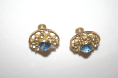 +MBA #24-464  Gold Plated Blue & Clear Crystal Screw Back Earrings