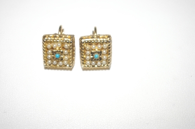 +MBA #24-480   Gold Plated Square Small Faux Pearl Earrings