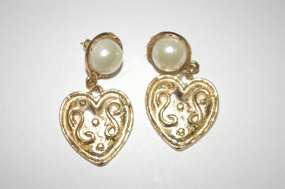 +MBA #25-028   Gold Plated Heart & Faux Pearl Pierced Earrings