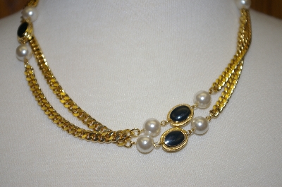 +MBA #25-109   Gold Plated 41" Faux Pearl & Black Onyx Necklace