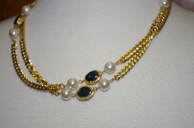 +MBA #25-109   Gold Plated 41" Faux Pearl & Black Onyx Necklace