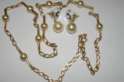 +MBA #25-043  Gold Plated 30" Faux Glass Pearl Necklace With Pierced Earrings