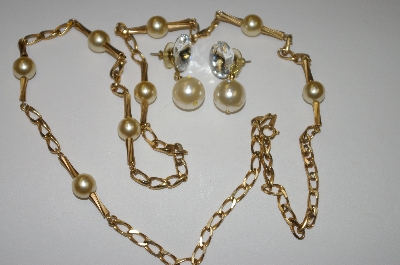 +MBA #25-043  Gold Plated 30" Faux Glass Pearl Necklace With Pierced Earrings
